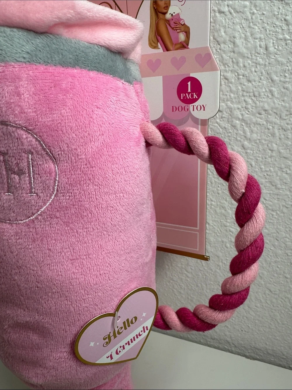 Paris Hilton Pink Plush Shake Dog Toy with Striped Rope Handle